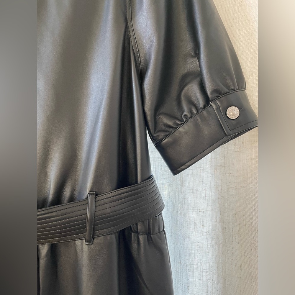 NWT Express L Faux Leather Black Puff Sleeve Tie Waist Straight Leg Jumpsuit - Picture 8 of 11